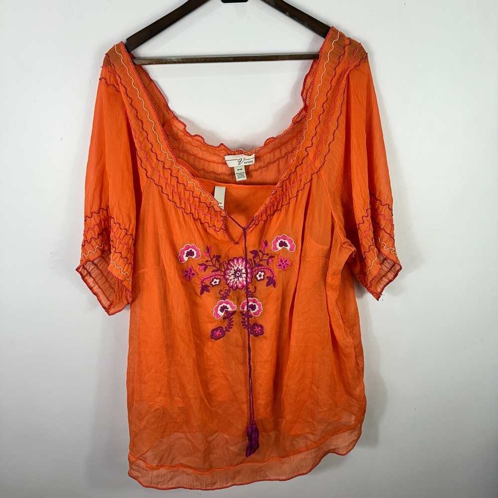 Venezia Top Plus 18/20 Orange Embroidered Peasant Boho Sheer Crinkle Festival